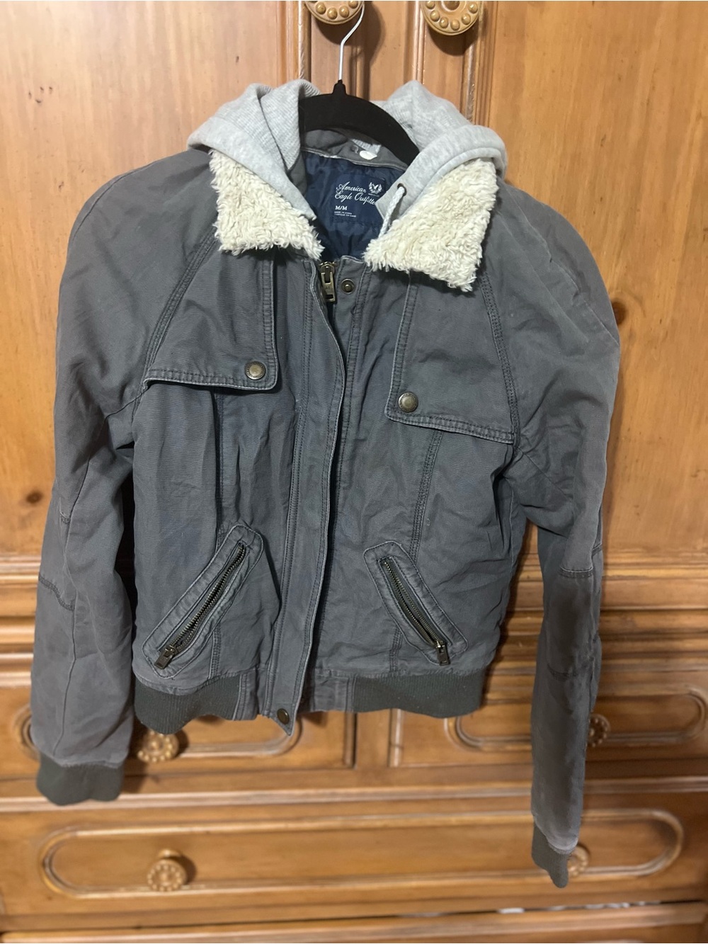 American Eagle Outfitters Gray Sherpa Collar Hooded Bomber Jacket